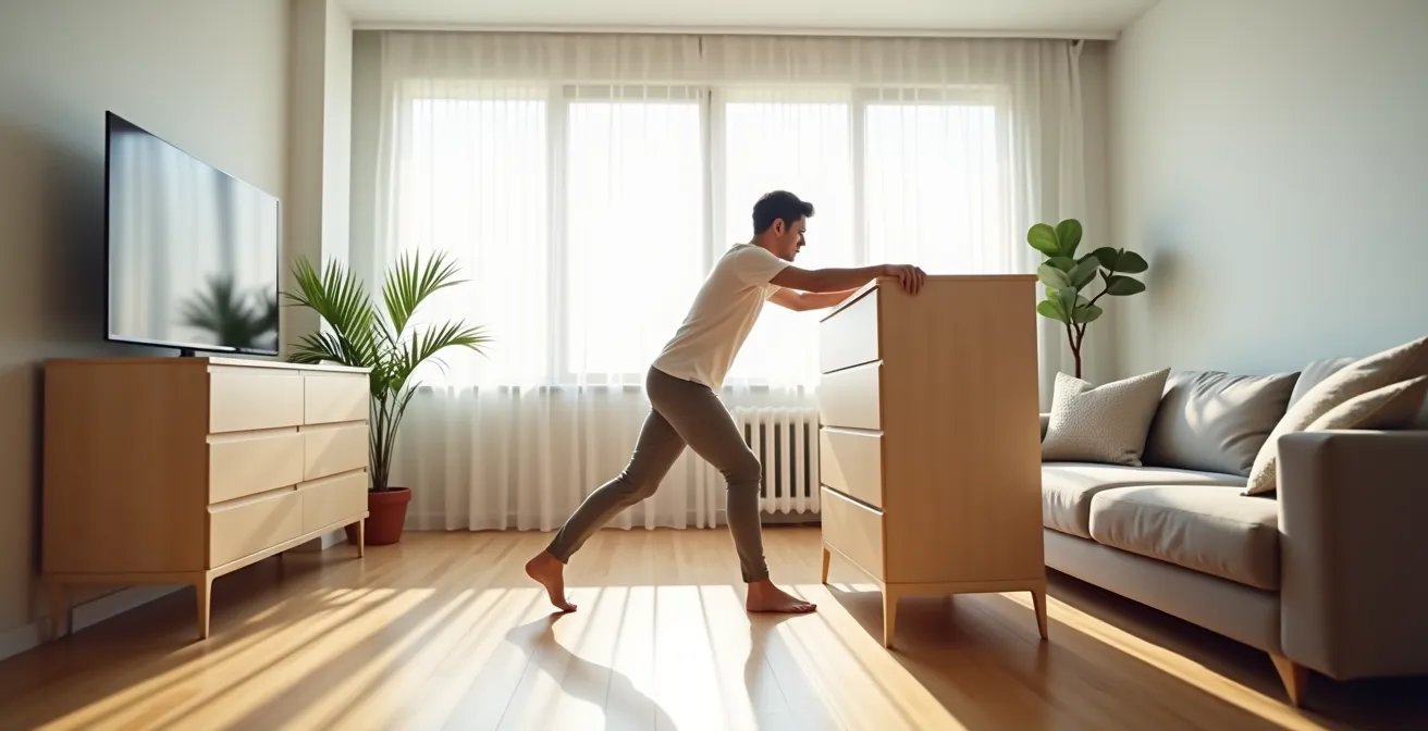 Démonstration de la technique de poussée d'un meuble avec le dos pour préserver les poignets