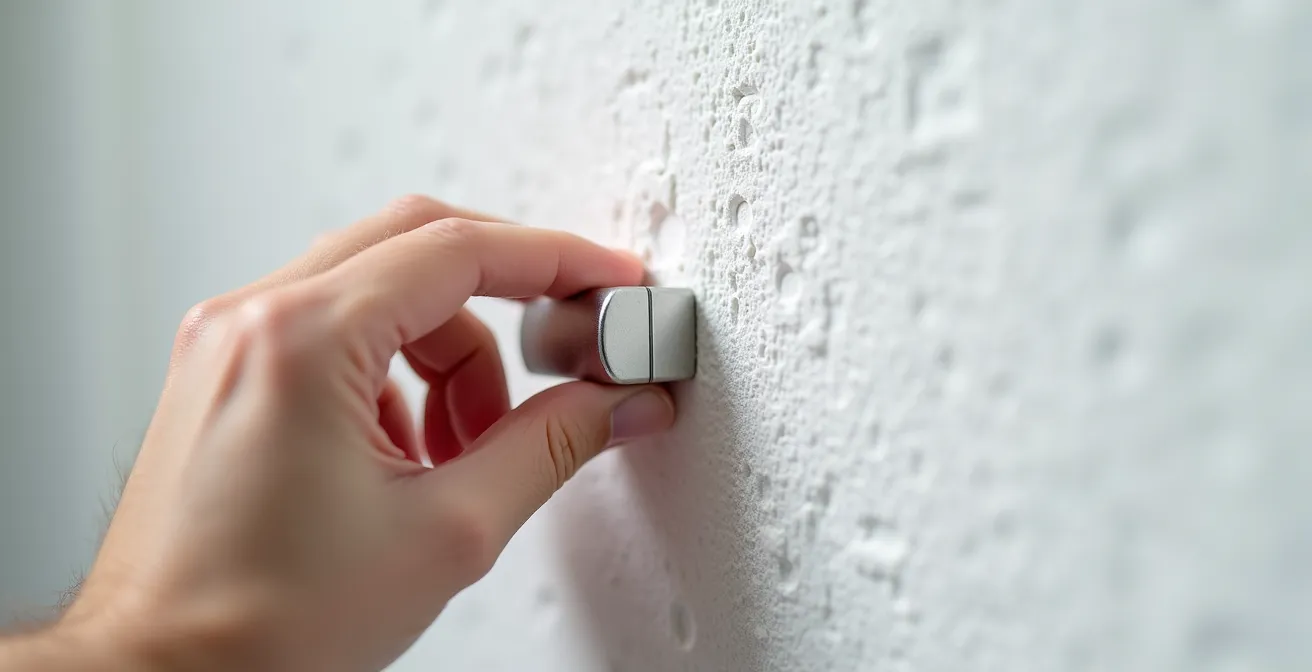 Main tenant un aimant néodyme contre un mur en placo pour détecter les montants métalliques