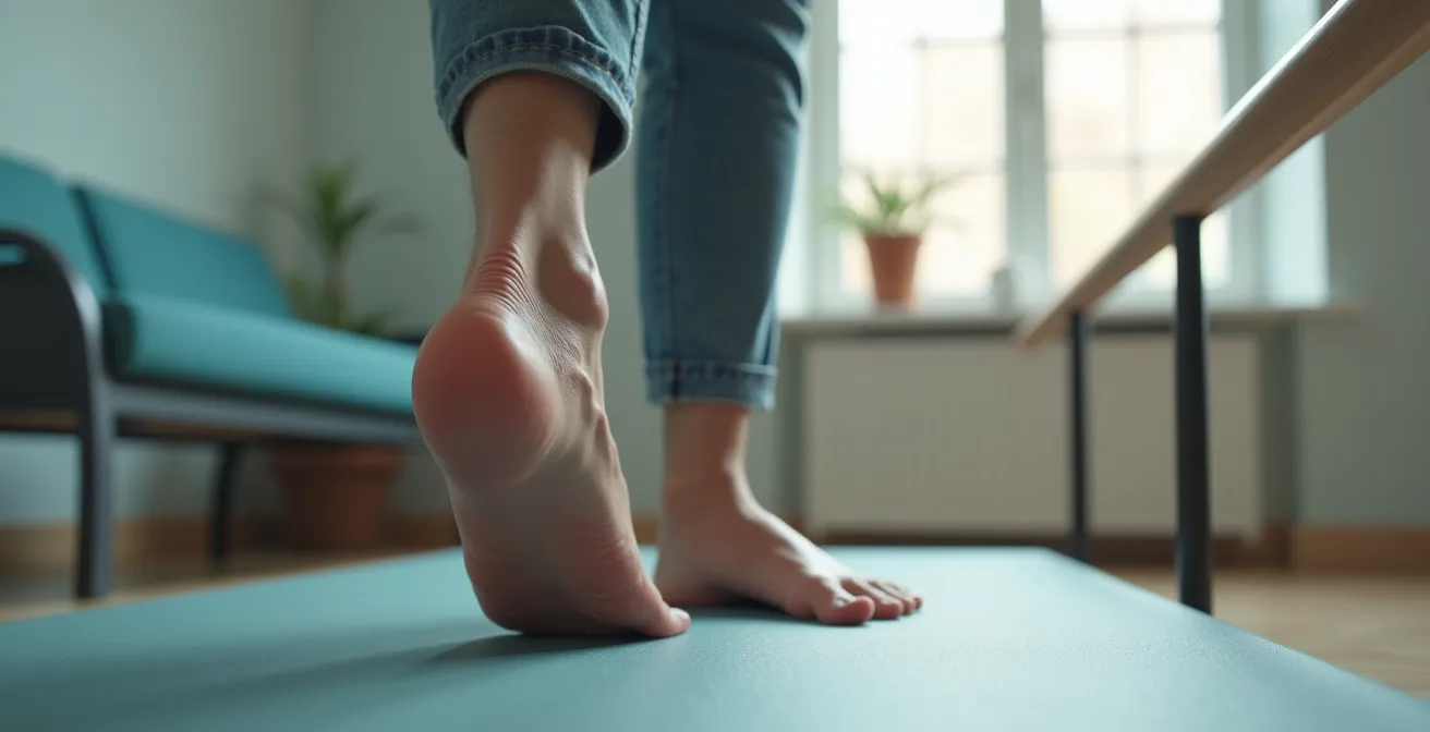 Gros plan sur le pied d'un senior effectuant un test d'équilibre sur une jambe