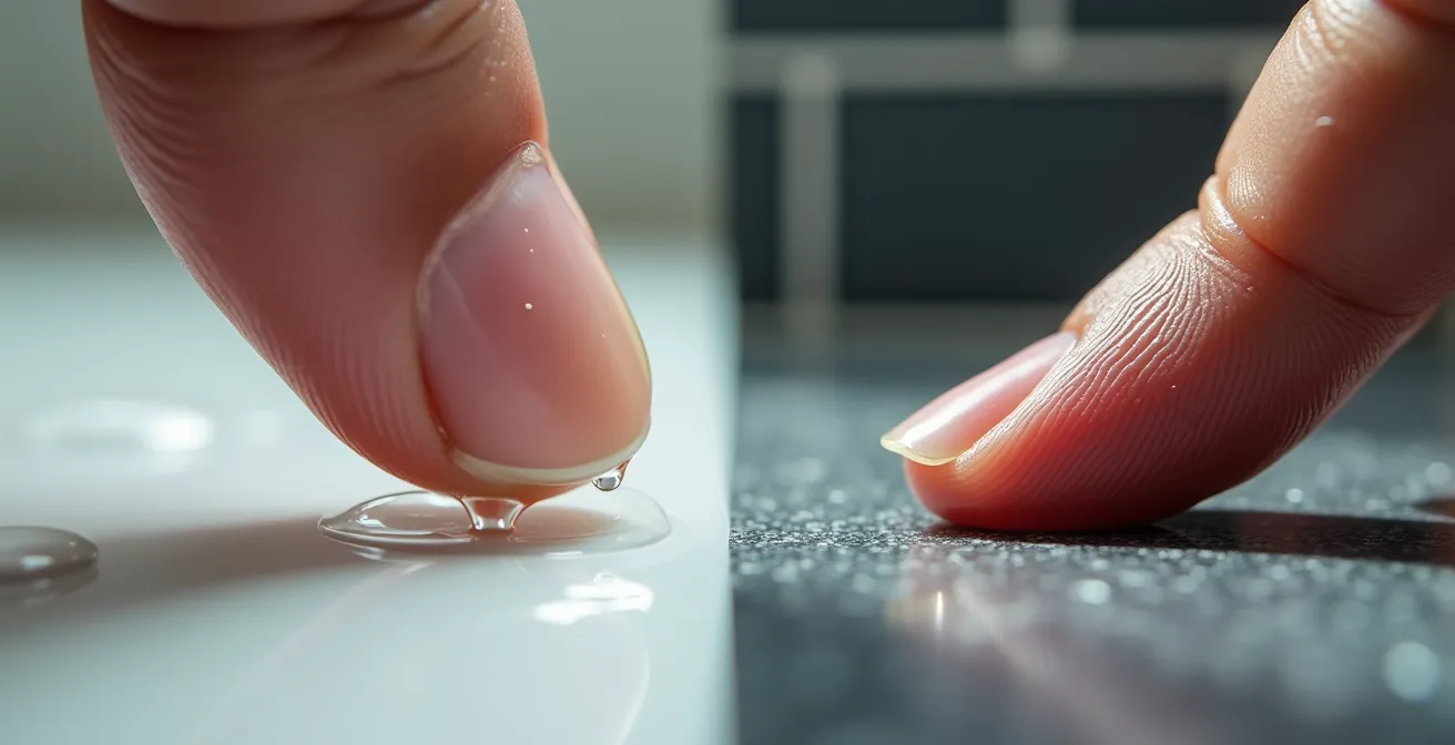 Test de texture d'un receveur de douche avec un doigt mouillé montrant la différence d'adhérence