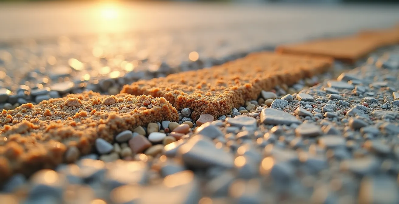Gros plan macro sur texture de béton désactivé montrant différentes profondeurs de dénudation des granulats