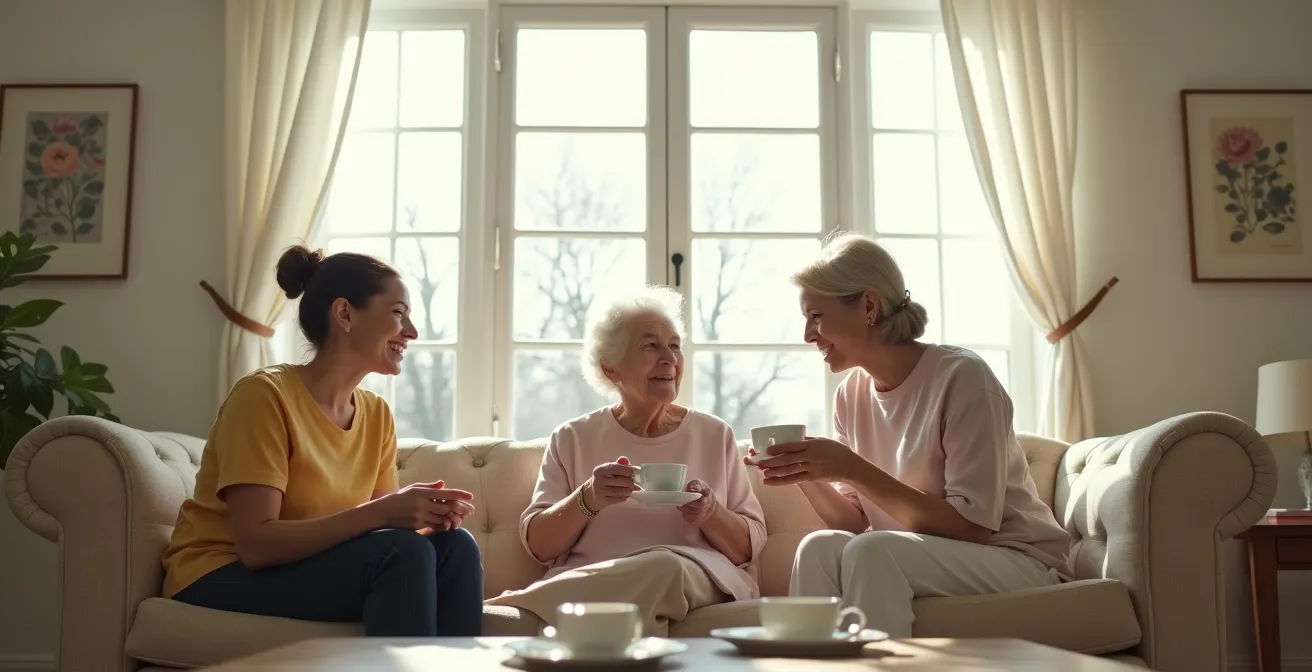 Trois femmes autour d'une table basse, moment de transmission chaleureux entre auxiliaires de vie