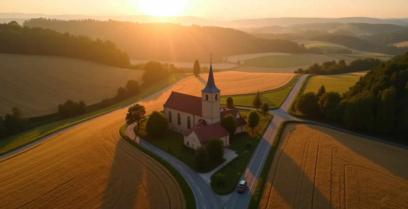 Vue aérienne d'un village rural avec routes sinueuses symbolisant les défis de mobilité