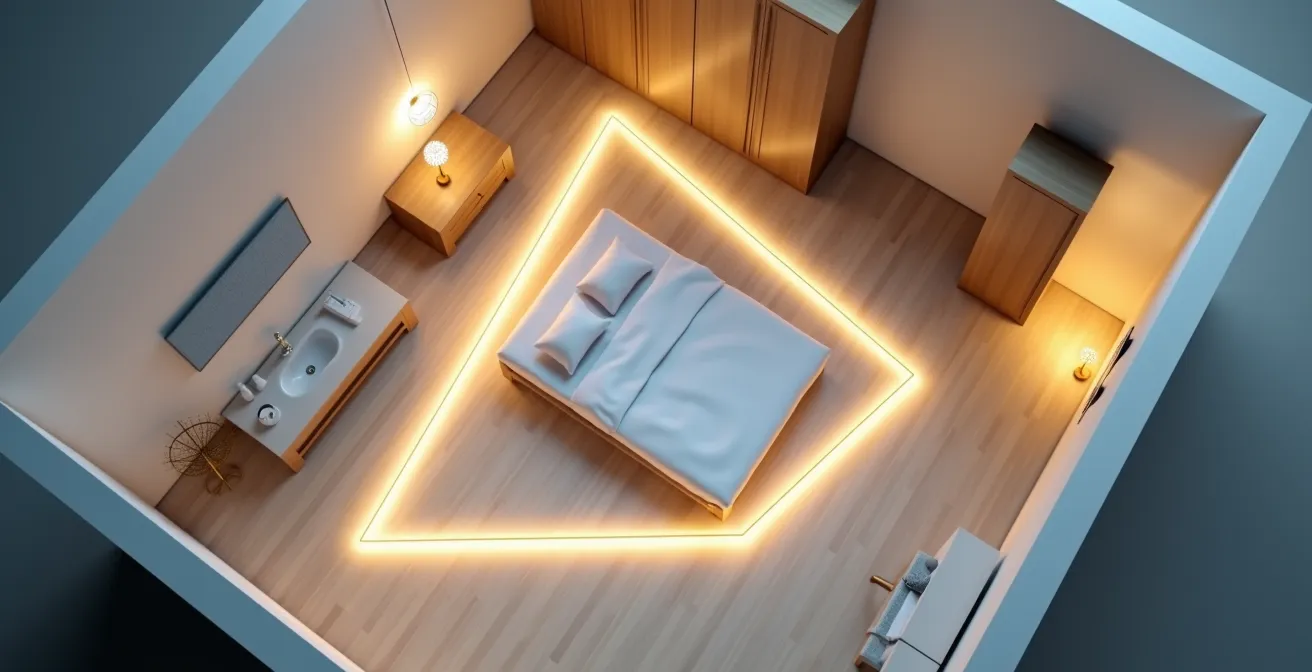 Chambre de 12m² vue du dessus montrant le triangle de sécurité entre lit, interrupteur et porte des toilettes