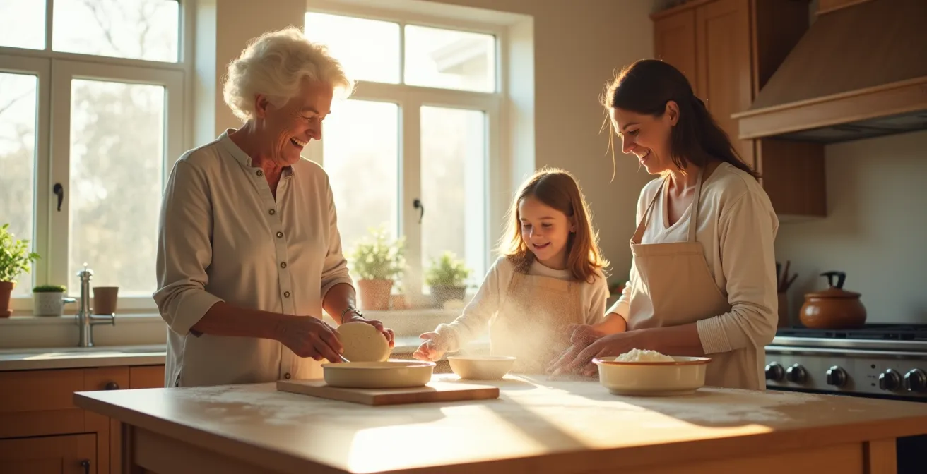 Trois générations cuisinant ensemble dans une ambiance chaleureuse et détendue