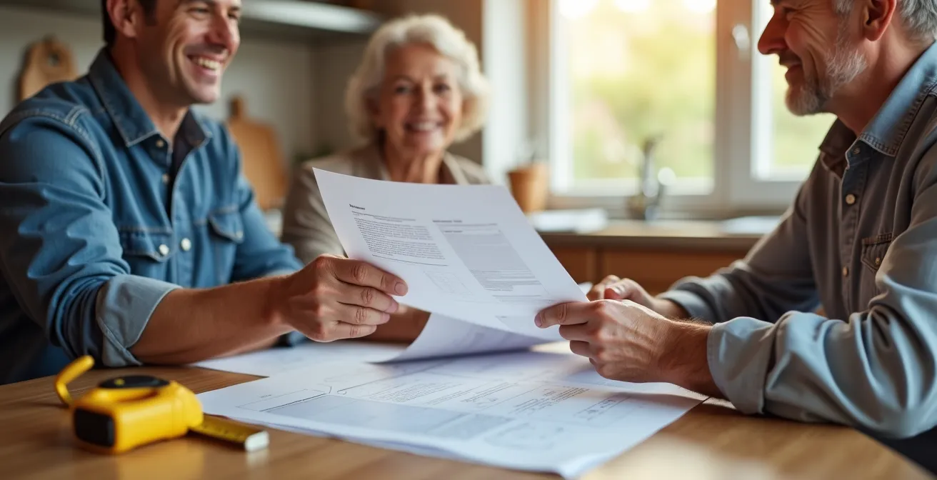Professionnel du bâtiment consultant un document de certification avec une personne âgée