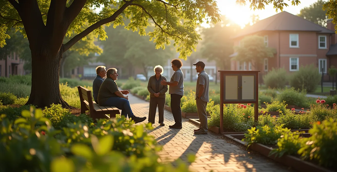 Groupe de voisins de différentes générations échangeant dans un jardin partagé