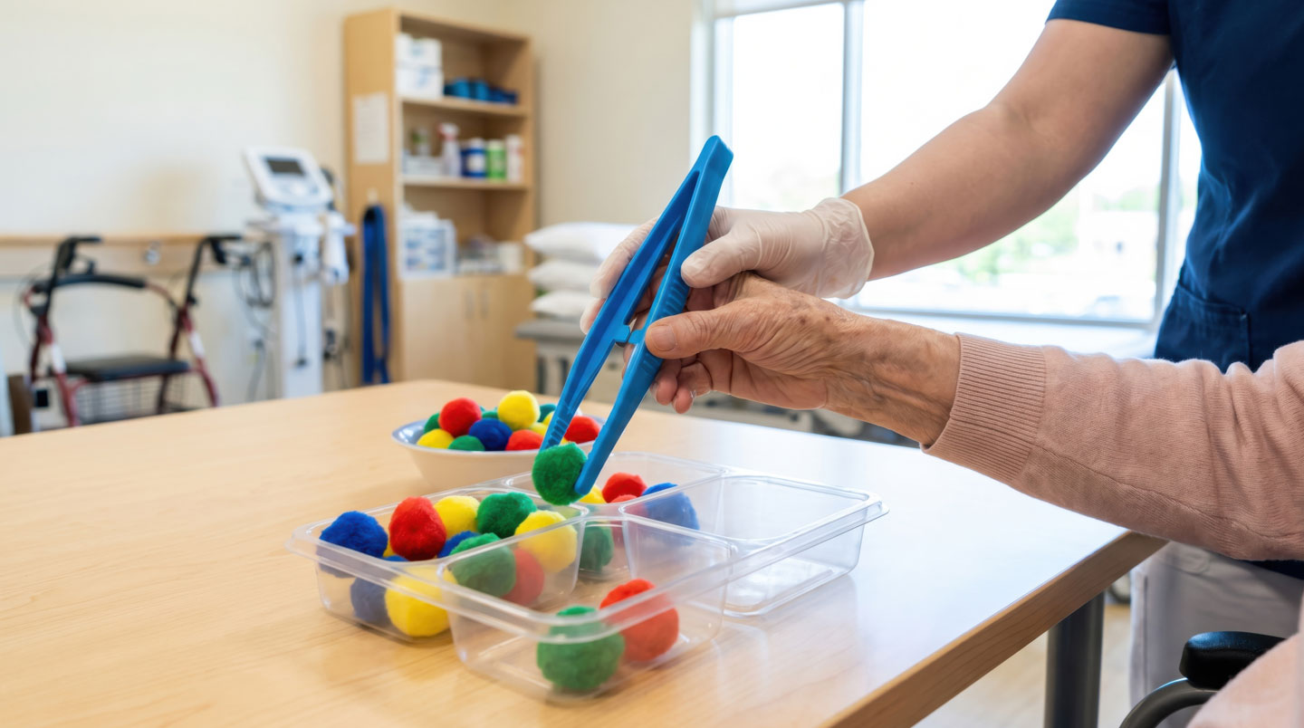 Balles ergonomiques et outils de stimulation tactile utilisés en séance d'ergothérapie en EHPAD
