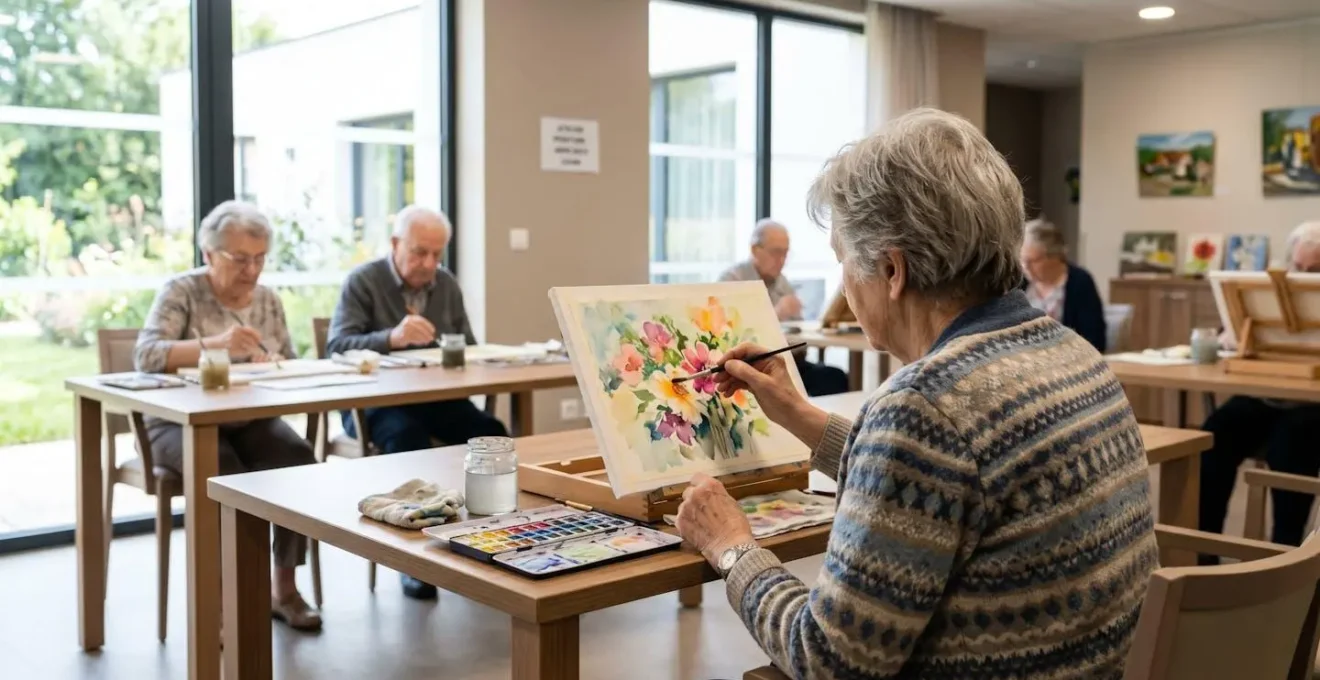 Résidente participant à un atelier de peinture collectif en EHPAD, vue de dos dans une salle d'activités lumineuse