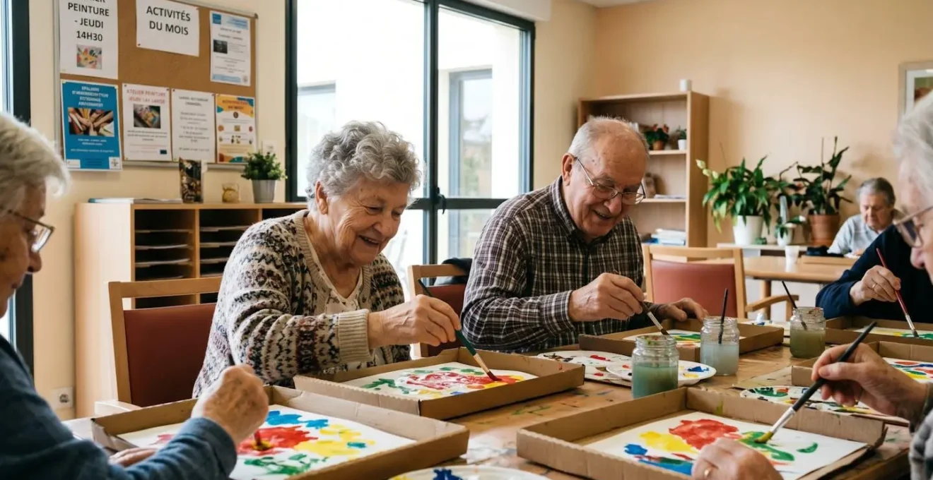 Deux résidents d'EHPAD participent ensemble à un atelier peinture dans une salle commune lumineuse