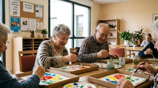 Deux résidents d'EHPAD participent ensemble à un atelier peinture dans une salle commune lumineuse