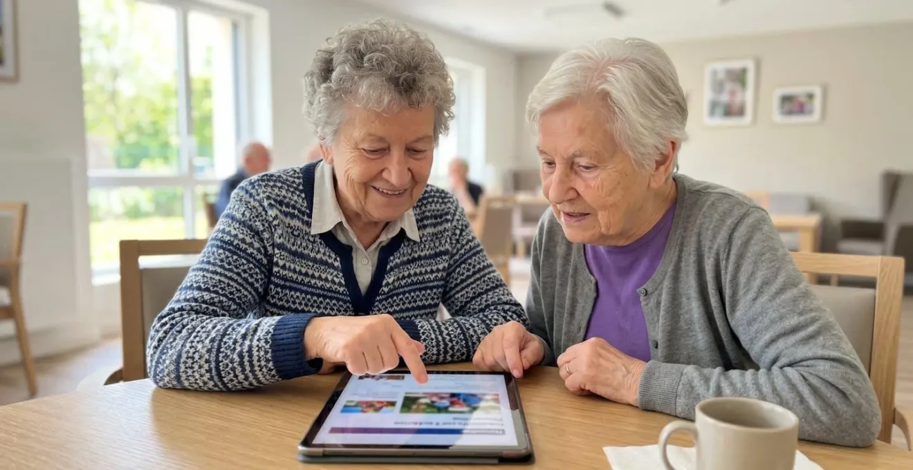Deux résidents d'EHPAD échangeant autour d'une tablette dans une salle commune lumineuse et contemporaine