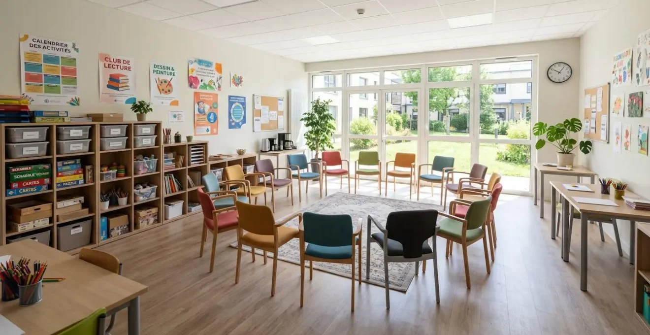 Salle d'activités aménagée en EHPAD avec chaises en cercle et matériel d'animation visible