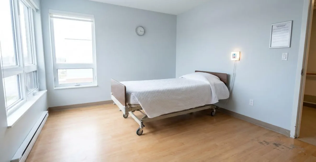 Chambre médicalisée d'EHPAD vide et rangée, lit hospitalier inoccupé, lumière naturelle par la fenêtre