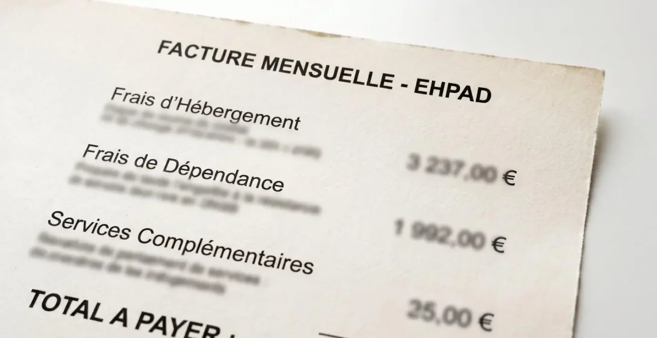Gros plan sur une facture mensuelle d'établissement senior montrant plusieurs lignes tarifaires détaillées en euros