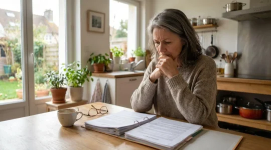 Femme d'âge mûr assise à une table de cuisine, vue de profil, consultant un dossier contractuel volumineux avec plusieurs pages étalées