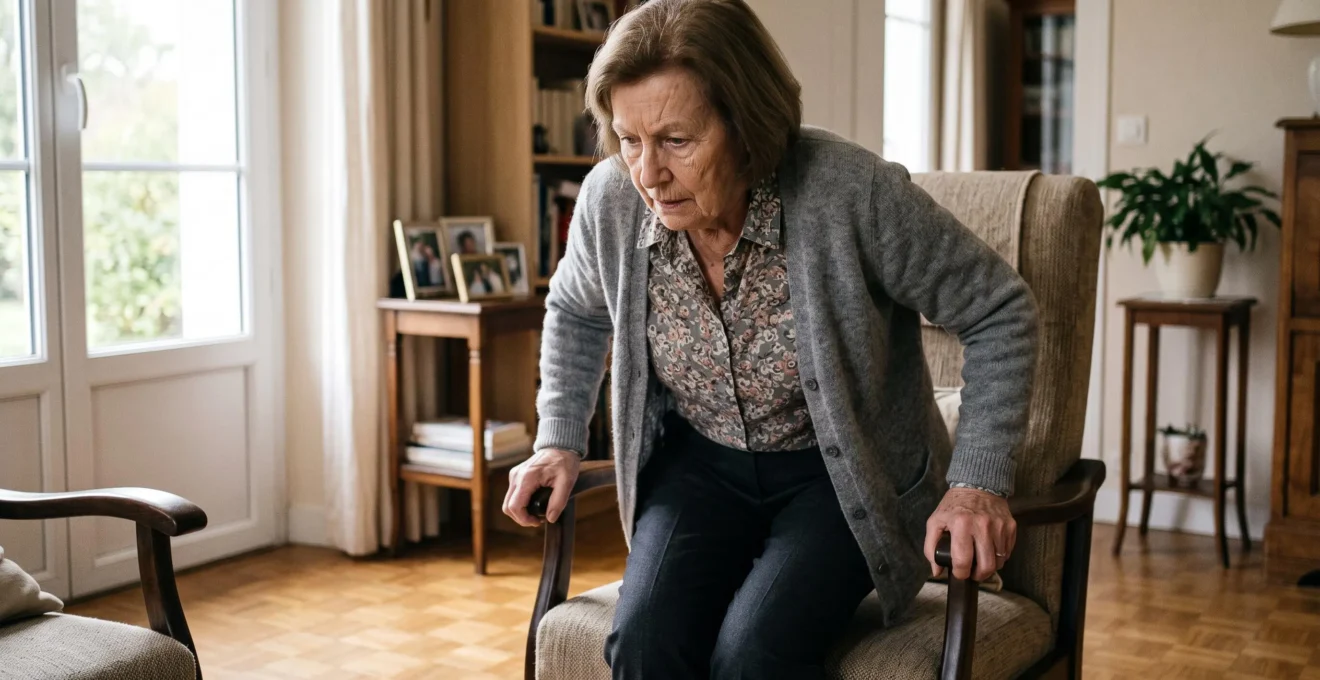 Elderly woman carefully standing up from her armchair in her living room, showing visible physical effort