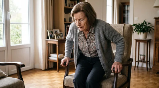 Elderly woman carefully standing up from her armchair in her living room, showing visible physical effort