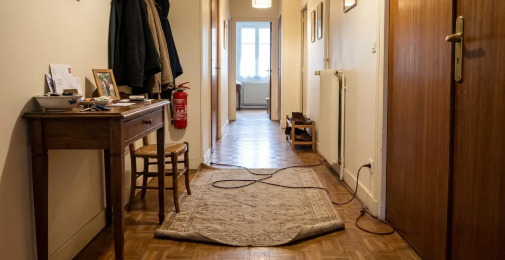 Hallway in a French home showing fall hazards including a rumpled rug with lifted edges and electrical cord on the floor