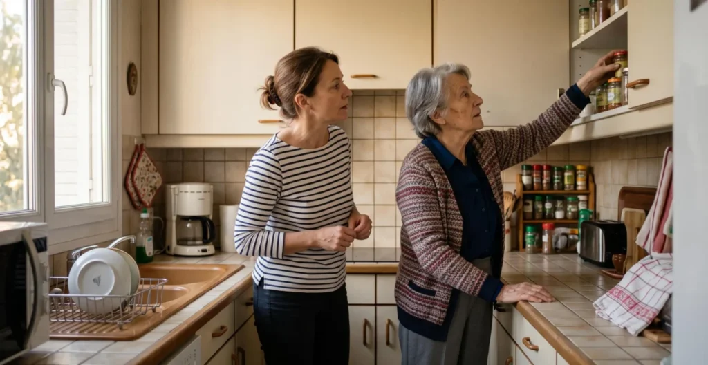 Middle-aged woman attentively observing her elderly mother reaching for an object in a kitchen cabinet