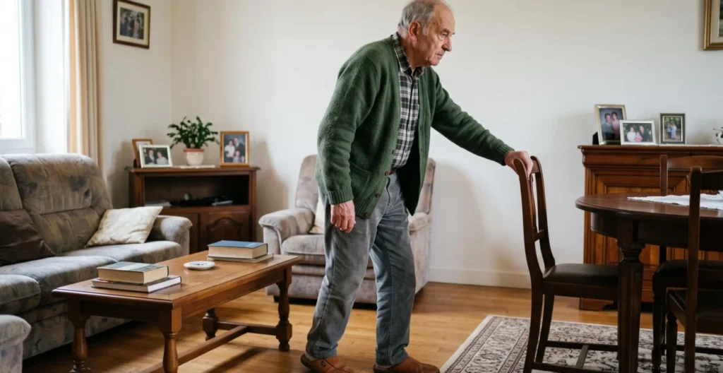 Elderly man walking through his home while holding onto a chair back for support and balance